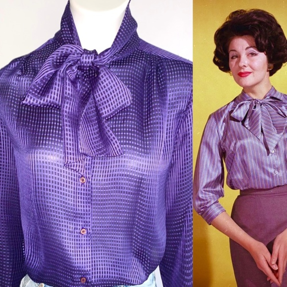 v i n t a g e :: High Neck Tie Satin Plaid Bow Tie Pleated Blouse